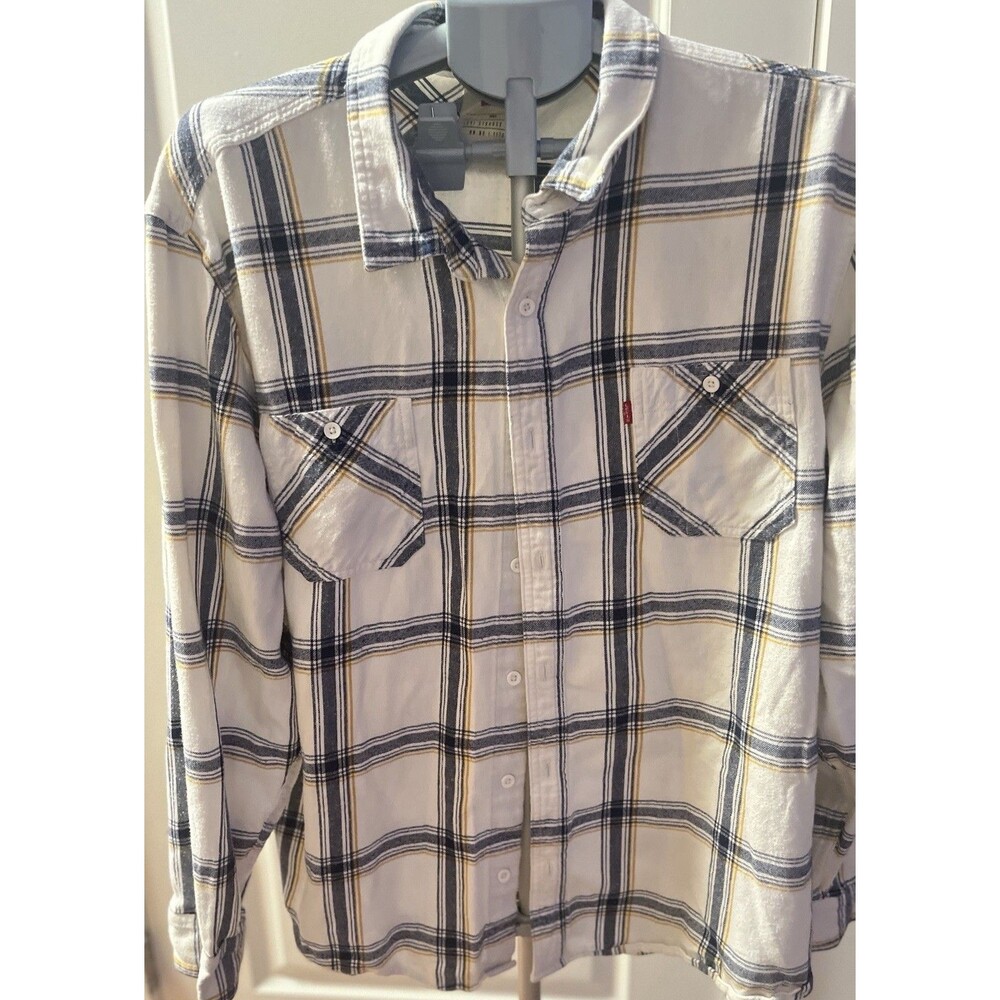Levi’s Mens XXL Flannel Shirt White Blue Yellow Plaid Button Up Long Sleeve - Picture 1 of 16
